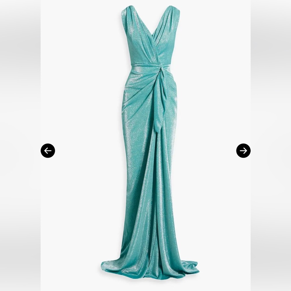 RHEA COSTA Draped glittered jersey gown- turquoise